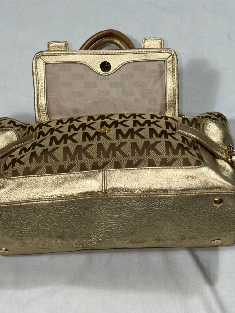 Michael Kors Gold Signature Jacquard Metallic Leather Satchel Bag
